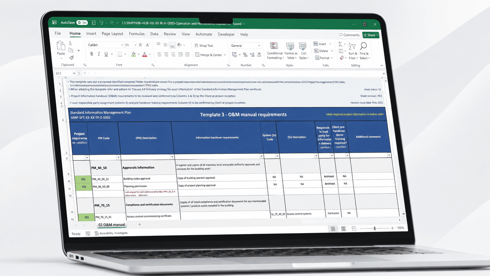 SIMP Template 3 O&M Manual requirements workbook displayed on a laptop